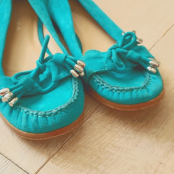Via Spiga Turquoise Suede V-Raven Loafers - Picture 2 of 15